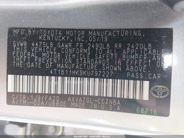 Продаж на аукціоні авто 2019 Toyota Camry Le, vin: 4T1B11HK9KU797227, номер лоту: 45017997