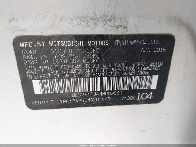 Продаж на аукціоні авто 2017 Mitsubishi Mirage G4 Se, vin: ML32F4FJ4HH002591, номер лоту: 45017999