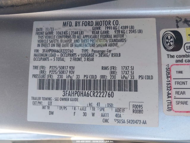 Продажа на аукционе авто 2012 Ford Fusion Se, vin: 3FAHP0HA6CR222760, номер лота: 45018005