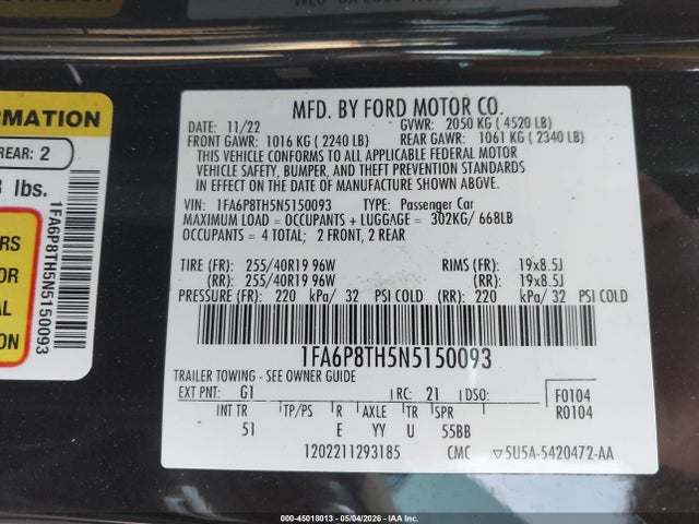 Aukcja sprzedaży 2022 Ford Mustang Ecoboost Premium Fastback, vin: 1FA6P8TH5N5150093, numer aukcji: 45018013