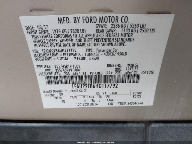 2017 Ford Taurus Limited მანქანა იყიდება აუქციონზე, vin: 1FAHP2F86HG117792, აუქციონის ნომერი: 45018021