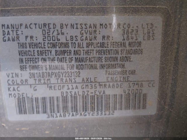 3N1AB7APXGY233132 Nissan Sentra Fe+ S/s/sl/sr/sv