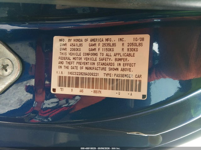 Продажа на аукционе авто 2009 Honda Accord 3.5 Ex-l, vin: 1HGCS22829A006221, номер лота: 45018029