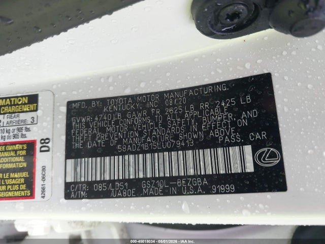 45018034 :رقم المزاد ، 58ADZ1B15LU079413 vin ، 2020 Lexus Es 350 مزاد بيع