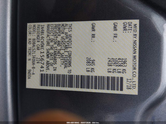 Nissan Altima 2.5 Sr 2019 1N4BL4CV0KC156741 Image 9