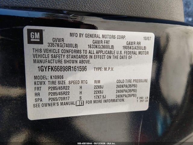 Aukcja sprzedaży 2008 Cadillac Escalade Esv Standard, vin: 1GYFK66898R161596, numer aukcji: 45018044
