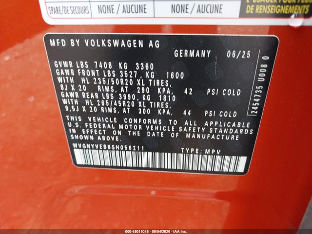 45018046 :رقم المزاد ، WVGNYVEB8SH056211 vin ، 2025 Volkswagen Id. Buzz Pro S Plus With 4motion مزاد بيع
