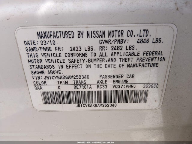45018061 :رقم المزاد ، JN1CV6AR6AM252346 vin ، 2010 Infiniti G37x مزاد بيع