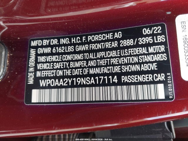 Porsche Taycan 2022 WP0AA2Y19NSA17114 Image 9