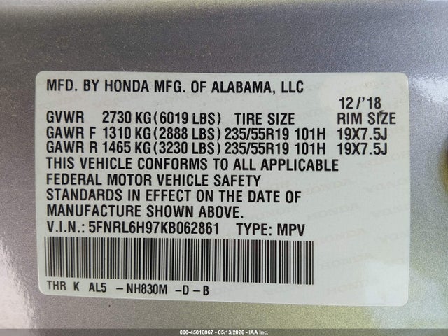Aukcja sprzedaży 2019 Honda Odyssey Elite, vin: 5FNRL6H97KB062861, numer aukcji: 45018067