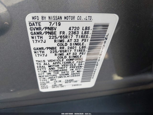 Продаж на аукціоні авто 2020 Nissan Rogue Sv Intelligent Awd, vin: JN8AT2MV3LW106686, номер лоту: 45018069
