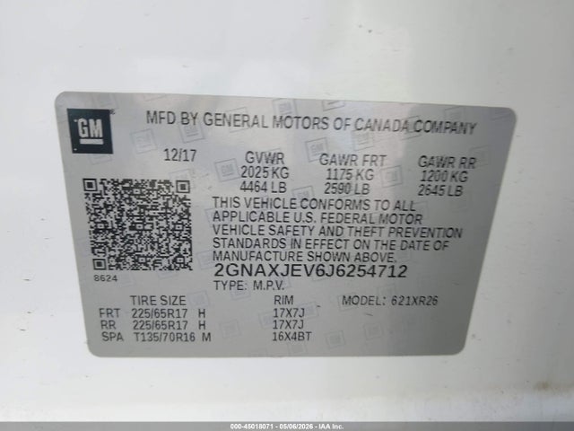 45018071 :رقم المزاد ، 2GNAXJEV6J6254712 vin ، 2018 Chevrolet Equinox Lt مزاد بيع