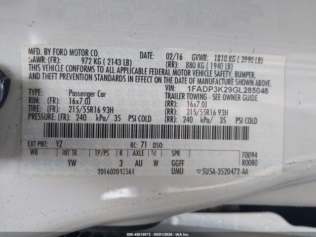 Продажа на аукционе авто 2016 Ford Focus Se, vin: 1FADP3K29GL285048, номер лота: 45018073