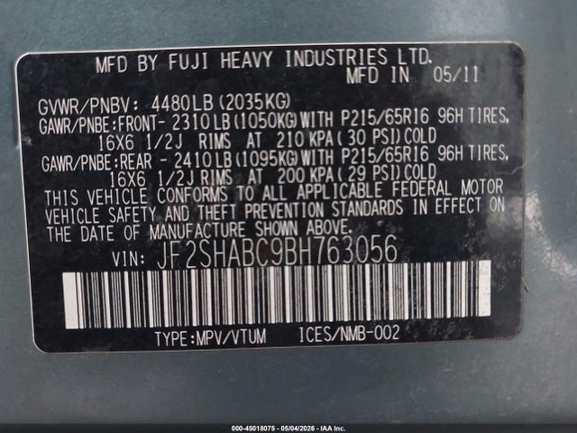 Aukcja sprzedaży 2011 Subaru Forester 2.5x, vin: JF2SHABC9BH763056, numer aukcji: 45018075