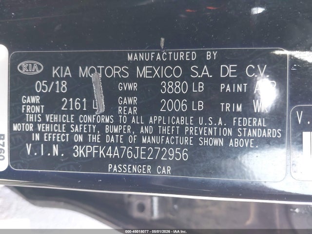 Продаж на аукціоні авто 2018 Kia Forte Lx, vin: 3KPFK4A76JE272956, номер лоту: 45018077