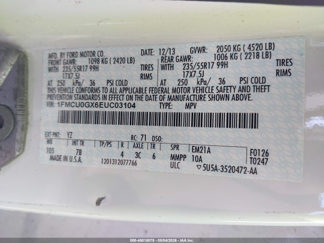 45018078 :رقم المزاد ، 1FMCU0GX6EUC03104 vin ، 2014 Ford Escape Se مزاد بيع