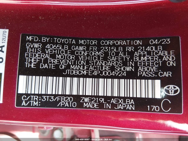 45018097 :رقم المزاد ، JTDBCMFE4PJ004924 vin ، 2023 Toyota Corolla Hybrid Le مزاد بيع