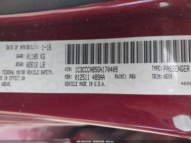 Продажа на аукционе авто 2016 Chrysler 200 Limited, vin: 1C3CCCAB5GN170409, номер лота: 45018103
