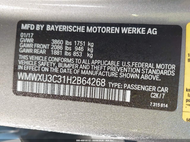 Aukcja sprzedaży 2017 Mini Hardtop Cooper S, vin: WMWXU3C31H2B64268, numer aukcji: 45018112