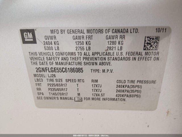 Продаж на аукціоні авто 2012 Chevrolet Equinox Ltz, vin: 2GNFLGE55C6186085, номер лоту: 45018113