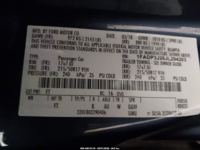 2018 Ford Focus Titanium მანქანა იყიდება აუქციონზე, vin: 1FADP3J26JL294203, აუქციონის ნომერი: 45018116