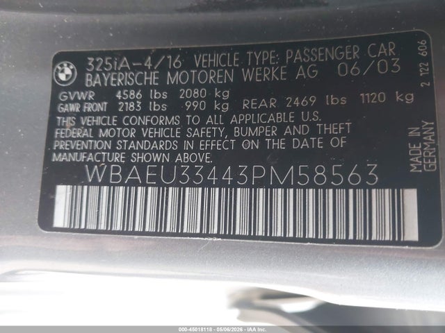 Продажа на аукционе авто 2003 Bmw 325xi, vin: WBAEU33443PM58563, номер лота: 45018118