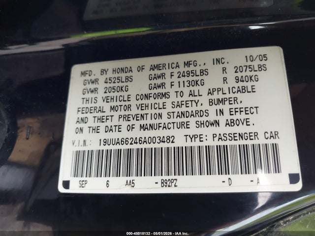 2006 Acura Tl მანქანა იყიდება აუქციონზე, vin: 19UUA66246A003482, აუქციონის ნომერი: 45018132