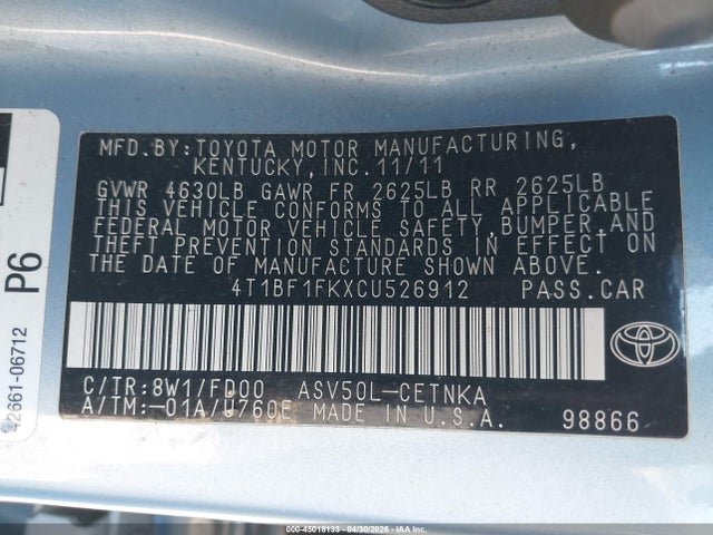 Продажа на аукционе авто 2012 Toyota Camry Le, vin: 4T1BF1FKXCU526912, номер лота: 45018133