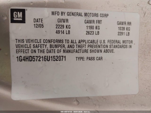 45018135 :رقم المزاد ، 1G4HD57216U152071 vin ، 2006 Buick Lucerne Cxl مزاد بيع