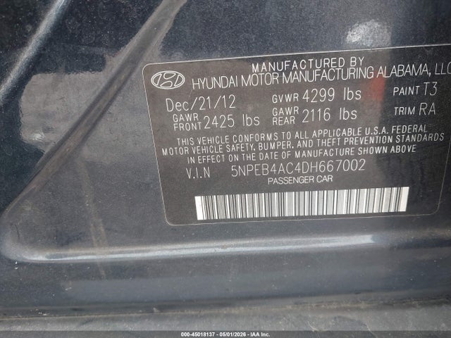 Aukcja sprzedaży 2013 Hyundai Sonata Gls, vin: 5NPEB4AC4DH667002, numer aukcji: 45018137