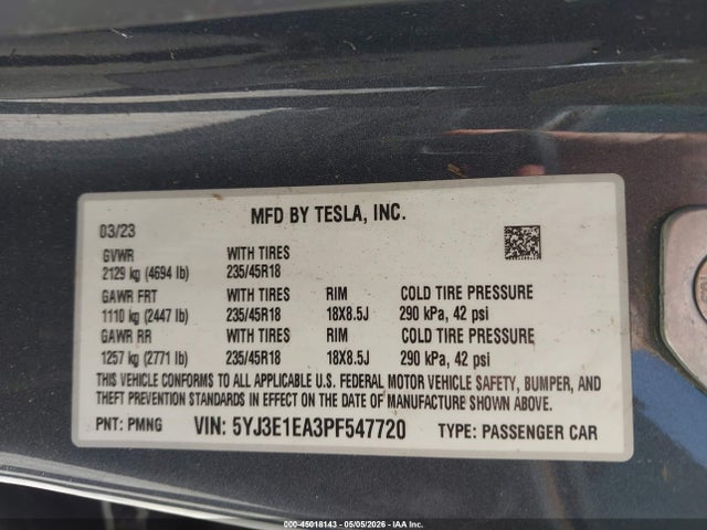 Aukcja sprzedaży 2023 Tesla Model 3 Rear-wheel Drive, vin: 5YJ3E1EA3PF547720, numer aukcji: 45018143