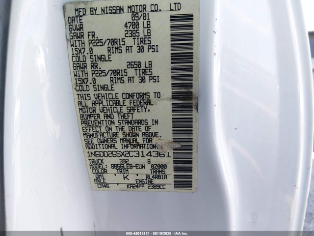 Продаж на аукціоні авто 2002 Nissan Frontier Xe, vin: 1N6DD26SX2C314361, номер лоту: 45018151