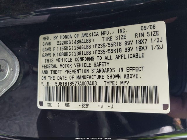 2007 Acura Rdx მანქანა იყიდება აუქციონზე, vin: 5J8TB18577A007403, აუქციონის ნომერი: 45018164