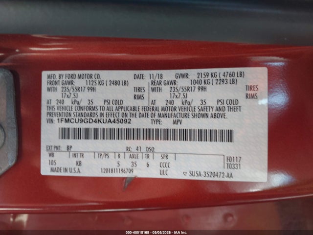 Aukcja sprzedaży 2019 Ford Escape Se, vin: 1FMCU9GD4KUA45092, numer aukcji: 45018168