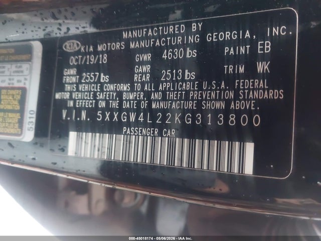 45018174 :رقم المزاد ، 5XXGW4L22KG313800 vin ، 2019 Kia Optima Sx Turbo مزاد بيع