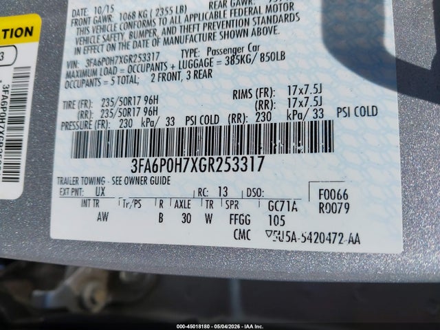 Aukcja sprzedaży 2016 Ford Fusion Se, vin: 3FA6P0H7XGR253317, numer aukcji: 45018180