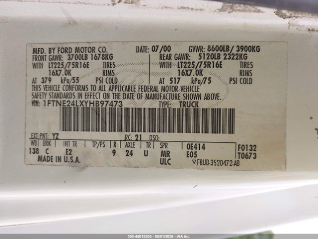 45018200 :رقم المزاد ، 1FTNE24LXYHB97473 vin ، 2000 Ford E-250 Commercial/recreational مزاد بيع