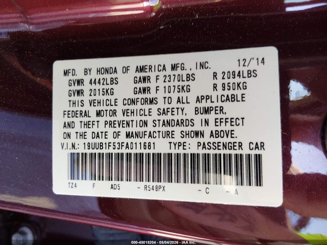 45018204 :رقم المزاد ، 19UUB1F53FA011681 vin ، 2015 Acura Tlx Tech مزاد بيع