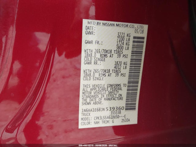 45018215 :رقم المزاد ، 1N6AA1E68JN539360 vin ، 2018 Nissan Titan Sv مزاد بيع