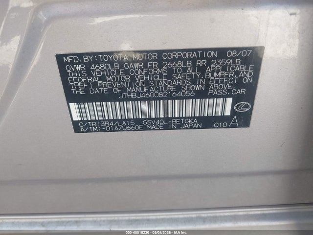 Aukcja sprzedaży 2008 Lexus Es 350, vin: JTHBJ46G082164056, numer aukcji: 45018230