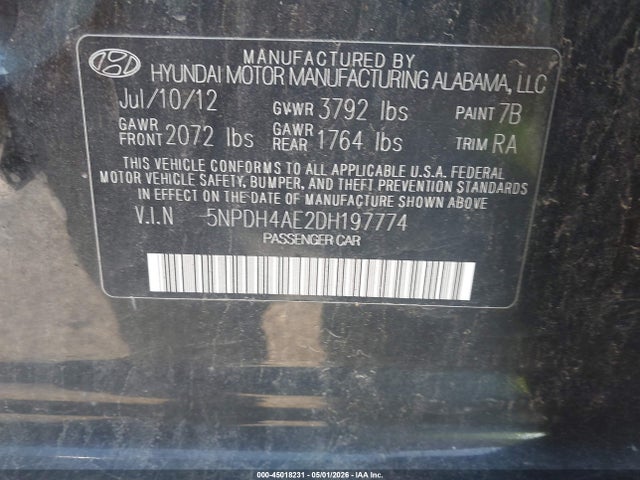 Aukcja sprzedaży 2013 Hyundai Elantra Gls/limited, vin: 5NPDH4AE2DH197774, numer aukcji: 45018231