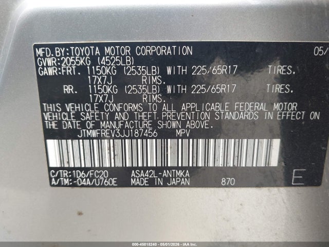 45018240 :رقم المزاد ، JTMWFREV3JJ187456 vin ، 2018 Toyota Rav4 Xle مزاد بيع