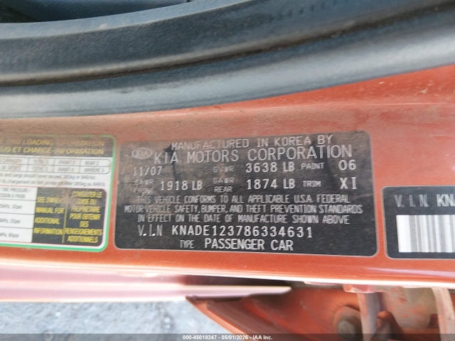 45018247 :رقم المزاد ، KNADE123786334631 vin ، 2008 Kia Rio Lx مزاد بيع