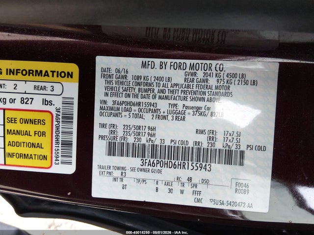 Продаж на аукціоні авто 2017 Ford Fusion Se, vin: 3FA6P0HD6HR155943, номер лоту: 45018250