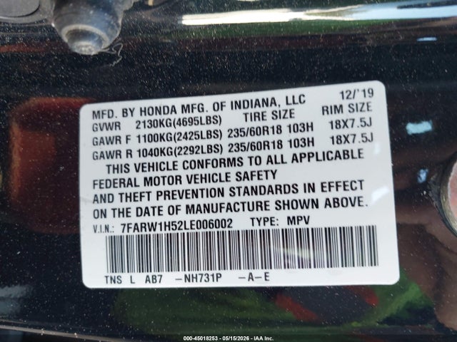 Продажа на аукционе авто 2020 Honda Cr-v 2wd Ex, vin: 7FARW1H52LE006002, номер лота: 45018253