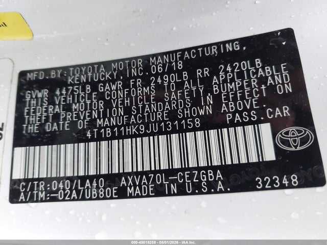 45018259 :رقم المزاد ، 4T1B11HK9JU131158 vin ، 2018 Toyota Camry Xle مزاد بيع