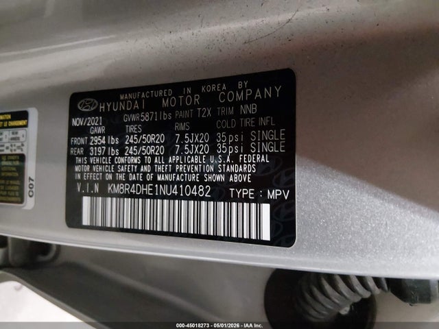 2022 Hyundai Palisade Sel მანქანა იყიდება აუქციონზე, vin: KM8R4DHE1NU410482, აუქციონის ნომერი: 45018273