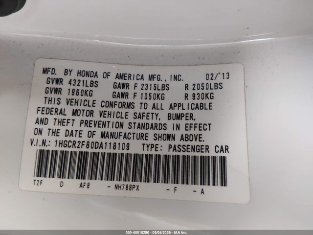 Продажа на аукционе авто 2013 Honda Accord Ex-l, vin: 1HGCR2F80DA118109, номер лота: 45018290