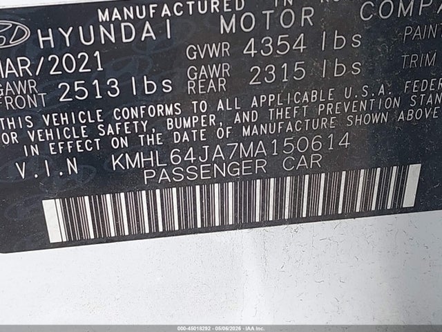 2021 Hyundai Sonata Sel მანქანა იყიდება აუქციონზე, vin: KMHL64JA7MA150614, აუქციონის ნომერი: 45018292