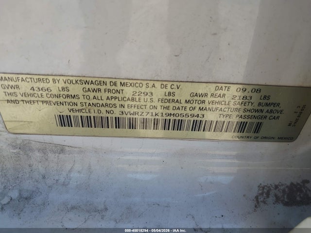 2009 Volkswagen Jetta Se/sel მანქანა იყიდება აუქციონზე, vin: 3VWRZ71K19M055943, აუქციონის ნომერი: 45018294